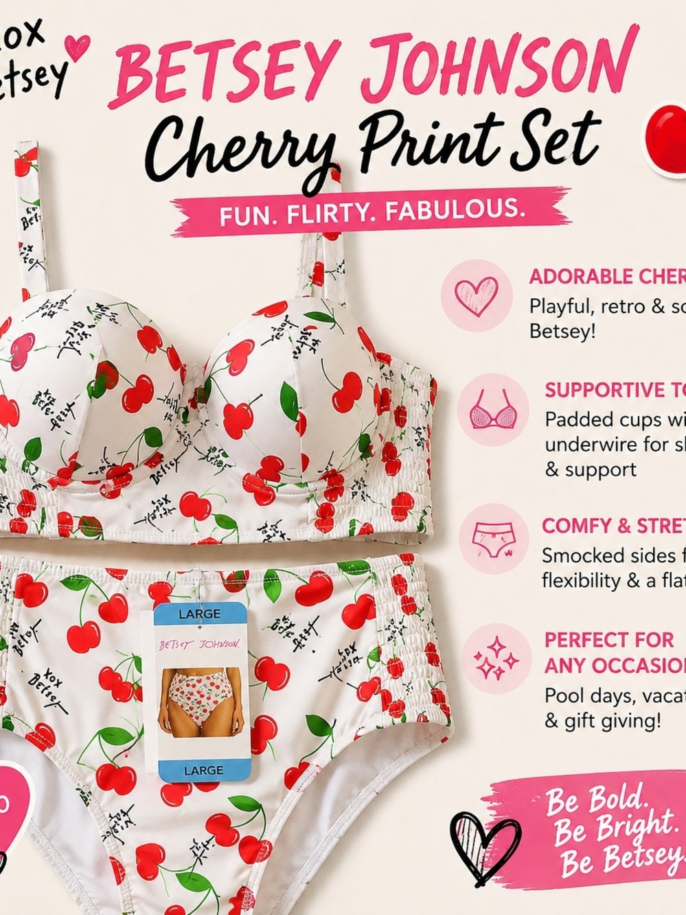 Betsey Johnson Cherry Print Bikini Set - White with Red Cherries